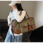 ヴィンテージ風ボストンバッグ 大容量 帆布＋PUレザー 旅行バッグ クラシックデザイン - 画像 (8)
